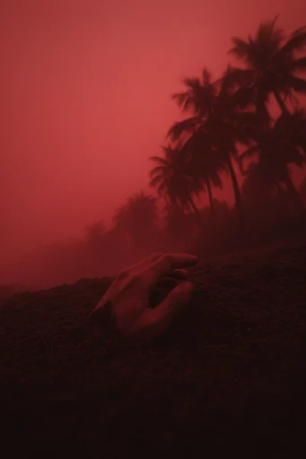 Monochromatic Crimson Noir style reference image — heavy atmospheric fog