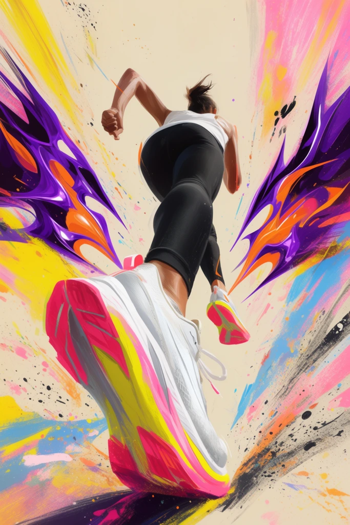 An extreme low-angle perspective captures a runner leaping forward, dominated by an oversized white athletic shoe with neon pink and yellow sole accents in the immediate foreground. The figure, wearing black leggings and a white top, is viewed from behind mid-stride against a pale cream backdrop. Energetic brushstrokes of yellow, pink, blue, and black explode around the runner alongside chaotic paint splatters. Jagged, glossy purple and orange flame-like abstract shapes flare outward symmetrically. The mixed-media composition blends photorealism with vibrant kinetic digital illustration to convey explosive momentum.