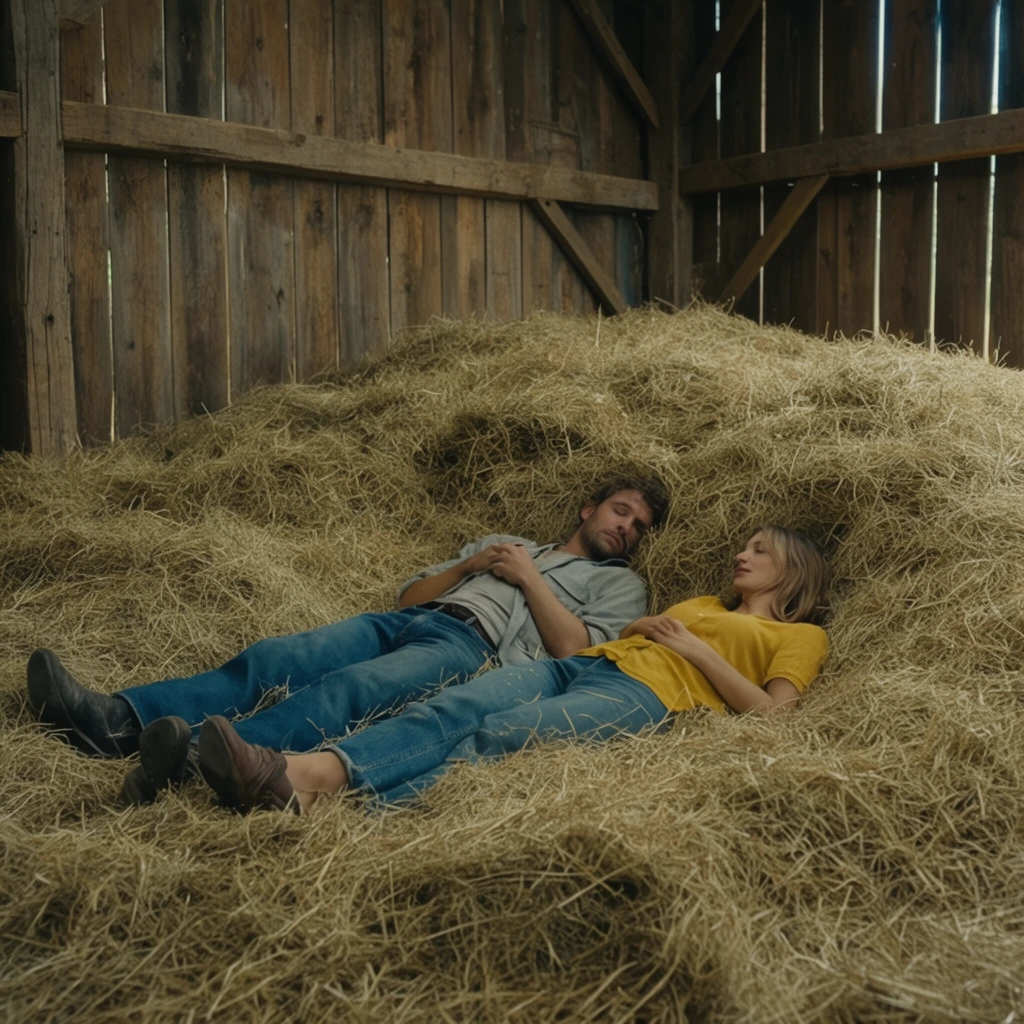 Two people lying in a massive pile of dry hay inside a rustic wooden barn, man in blue jeans, woman in yellow shirt, wide cinematic shot, natural lighting, earth tones
