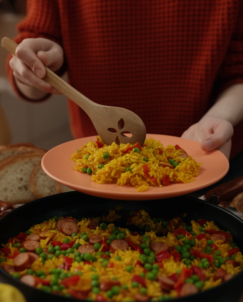 A person serves a vibrant rice dish from a large skillet onto a peach-colored plate. Pale hands hold the plate and a wooden spoon featuring flower-shaped cutouts, lifting a scoop of yellow rice. Below, a wide black pan brims with saffron-tinted rice, bright green peas, red peppers, and sliced sausage. The server wears a deep reddish-orange waffle-knit sweater. Shot as a cinematic close-up with a shallow depth of field, the warm lighting highlights the rich food textures. A softly blurred background reveals sliced bread, completing the cozy, intimate dining atmosphere.