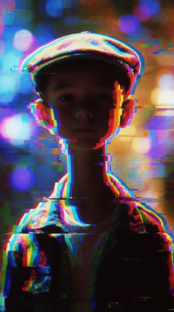 A heavily distorted, glitch-art portrait of a boy with an elongated neck wearing a flat cap and a jacket, facing directly forward. The boy's figure is rendered in deep, high-contrast shadow, saturated with intense chromatic aberration, RGB color splitting, and horizontal displacement artifacts. Neon cyan, magenta, and bright yellow color fringing bleeds from the hard edges of his cap, jacket, and neck. The entire composition features a dense overlay of visible CRT monitor scanlines, harsh digital macroblocking, and pixelated databending. Distinct horizontal bands of the boy's form are abruptly offset and fragmented into blocky, jagged segments. The background contains large, blurred bokeh circles glowing in electric blues, deep purples, and warm amber tones. These bright background lights are fractured by interlaced video noise and severe digital tearing, resulting in a highly saturated, luminous environment heavily degraded by extreme analog and digital signal interference.