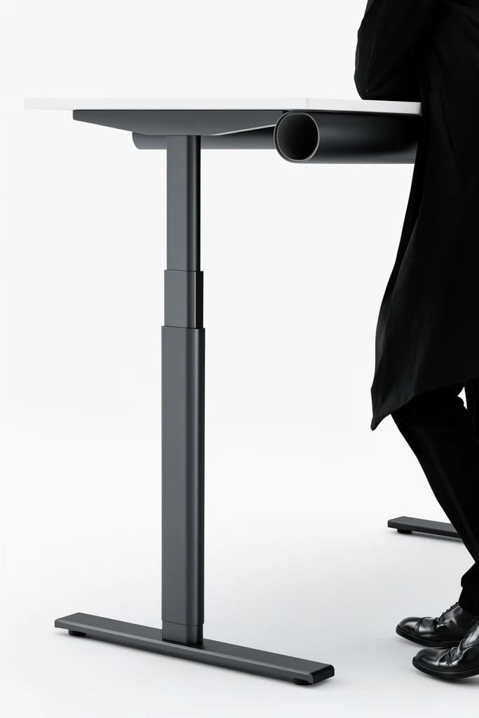 minimalist standing desk, stark white seamless background, matte dark grey metal telescopic T-shaped leg, white desktop, cylindrical storage tube beneath surface, partial view of person leaning on right edge, black clothing, polished black leather shoes, soft diffused lighting, high contrast aesthetic, modern product photography