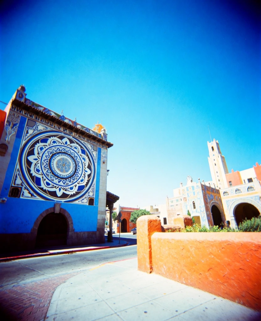 low-angle architectural composition, a building on the left featuring a large circular patterned mural and decorative roofline, arched opening, paved sidewalk and street, right background complex with arched entryways and a tall slender tower, dividing wall, high-key direct sunlight, saturated cerulean sky, 1970s ektachrome film aesthetic, vibrant primary colors, punchy contrast, crisp focus, fine analog grain, dreamlike atmosphere, airy and optimistic mood.