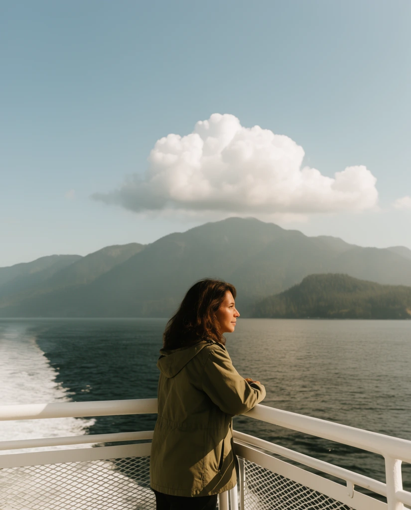 A woman in an olive-green jacket leans against a white ferry deck railing, gazing out over dark water. A foaming white wake trails the vessel. Massive, haze-shrouded forested mountains rise abruptly from the distant shoreline. A single voluminous white cumulus cloud hangs low in a vast pale blue sky. Bright natural sunlight bathes the serene, cinematic travel scene in warm, muted tones.