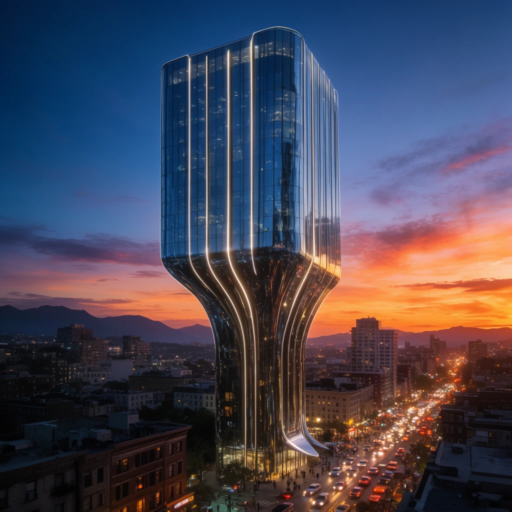 futuristic glass skyscraper at twilight, narrow base flaring dramatically outward into a wide rectangular upper volume, reflective dark facade, glowing vertical LED accent lines tracing its curved silhouette, bustling city street below with glowing traffic headlights, surrounding mid-rise buildings, distant mountains, vibrant sunset sky blending deep blue to fiery orange, aerial perspective, hyper-realistic architectural visualization, cinematic lighting