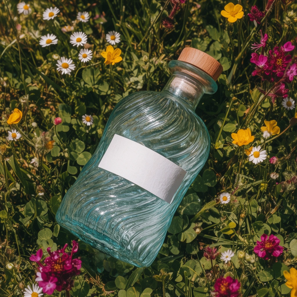 A heavily textured glass bottle with a wooden stopper lies diagonally nestled in a vibrant bed of sunlit wild grass and blooming wildflowers. The bottle features a swirling, ribbed pattern molded into the thick glass and bears a simple white rectangular paper label. It rests on a lush carpet of clover, surrounded by small white daisies, bright yellow blossoms, and deep magenta flowers. Captured from a top-down perspective, bright direct natural sunlight creates crisp, high-contrast shadows that highlight the raised contours of the bottle and delicate botanical textures. The cool aquamarine tint of the glass contrasts beautifully with the warm, earthy floral meadow in this vibrant, organic lifestyle composition.