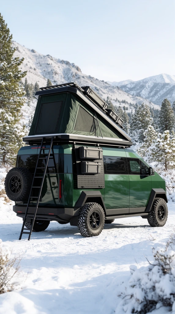 A dark green, futuristic off-road camper van with a deployed roof tent parked in a bright, snow-covered mountain landscape. The boxy, geometric vehicle features extensive overlanding gear, including large knobby all-terrain tires on black multi-spoke rims, wide black wheel flares, and a rear-mounted spare tire. A sleek black ladder leans against the rear side, leading up to a wedge-shaped pop-up fabric roof tent. Storage boxes are mounted to a perforated side panel and a heavy-duty roof rack, while flush, dark-tinted windows wrap around the cabin. The van rests on a blanket of white snow, surrounded by scattered evergreen trees dusted with fresh snowfall. Rugged mountains stretch across the background under a clear winter sky. Shot as automotive lifestyle photography from a low rear three-quarter perspective, crisp natural sunlight contrasts the glossy dark green paint against the bright white environment.