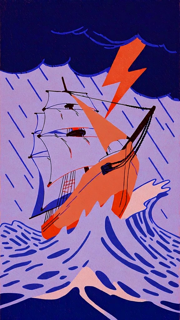 bold graphic illustration style, screenprint texture, thick black outlines, limited palette of deep purple and vibrant orange, a large vintage ship tilting dramatically in a violent storm, towering waves crashing against the hull, sails straining against powerful winds, whipped ropes, dark churning clouds, sheets of diagonal rain, a jagged orange lightning bolt illuminating the scene, minimalist composition, strong perspective, flat color planes, high contrast, dynamic energy.