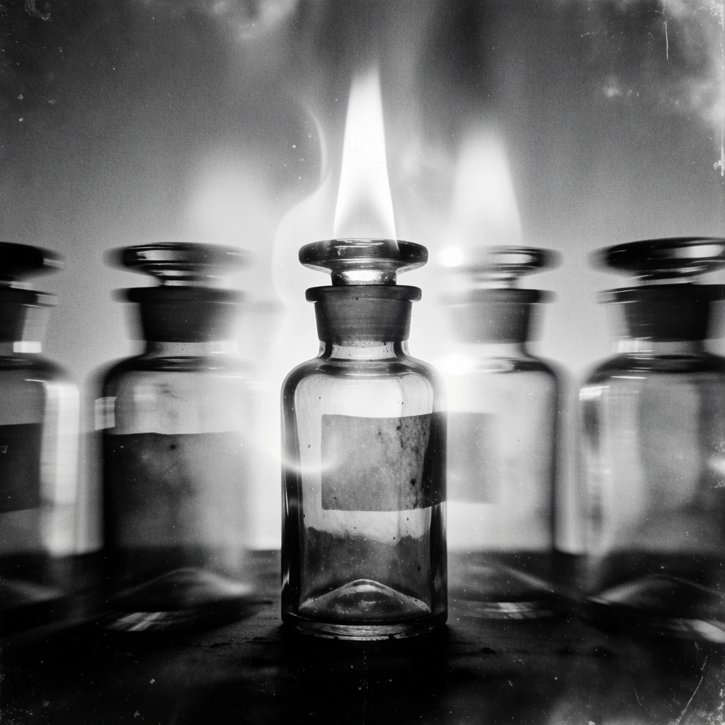 experimental monochrome photography, high-contrast black and white, extreme film grain, blurry silhouettes of glass apothecary bottles in a panel sequence on a dark table, a glowing white flame at the stopper, soft ethereal light diffusion, motion blur, light leaks, grainy textured background, small serif parenthetical typography at the bottom, darkroom process aesthetic, deep ink-black shadows, spectral and moody atmosphere, 35mm film scan, distressed scan texture.