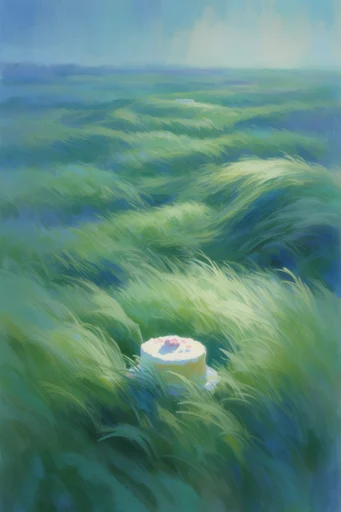 Ethereal Pastoral Surrealism style reference image — wind-swept grassy waves