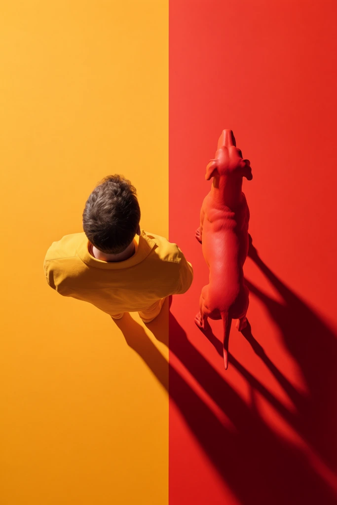 A direct overhead bird's-eye view of a man standing beside a dog statue, positioned on a seamless flat surface strictly bisected down the vertical center into vibrant marigold yellow on the left and bold tomato red on the right. Viewed from directly above, the crown of the standing man's head and his shoulders occupy the yellow domain, his clothing precisely color-matched to the saturated yellow ground. Immediately to his right, the dorsal profile of the upright dog statue is positioned within the red domain, its rigid sculpted form flawlessly color-matched to the vivid red surface. A harsh, singular spotlight from the upper left illuminates the scene, casting stark, elongated, razor-sharp dark drop shadows diagonally toward the bottom right across the flat background. The ultra-minimalist composition features hyper-clean lines, pristine matte textures, and a highly stylized pop-art color-blocking technique with absolute geometric precision.