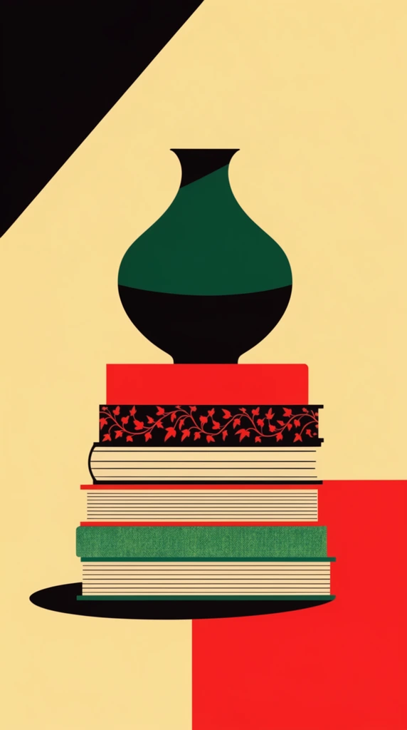 A minimalist graphic illustration of a bulbous dark green and black vase resting atop a centered stack of six books. The layered books vary in thickness, featuring covers in solid red, black adorned with red vine patterns, cream pages facing outward, and textured green. Beneath the bottom book lies a sharp, solid black elliptical shadow. The geometric background is divided into bold, unshaded color blocks, including a black diagonal triangle in the upper left, a pale yellow center, and a vibrant red square in the lower right corner. The flat vector aesthetic employs crisp lines, stark geometric contrasts, and a limited retro color palette.