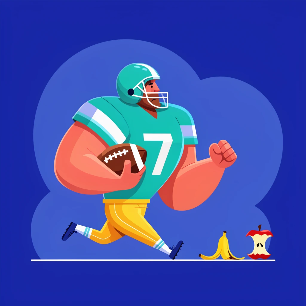A stylized vector illustration of a bulky American football player with exaggerated broad shoulders and tiny legs running right. Wearing a teal jersey, yellow pants, and a teal helmet, he clutches a football. He runs along a white horizontal line toward a banana peel and apple core, set against a deep blue background with a lighter blue cloud shape.