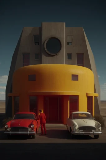 Cinematic Brutalist Bureaucracy style reference image — muted earth tones