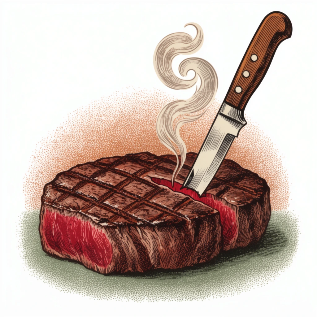 thick grilled steak with prominent cross-hatch marks, vintage engraved illustration, wooden-handled steak knife pierced into the right side of the meat, stylized curling smoke rising from the incision, deep red meat tones, resting on a muted green stippled surface, warm orange-brown stippled aura, stark white background, retro lithographic print aesthetic, intricate cross-hatching, fine stippling