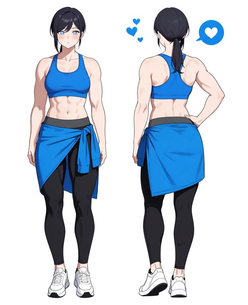A full-body character design illustration features a young woman with an athletic, muscular physique shown from both front and back perspectives against a plain white background. In the front view on the left, she stands with a neutral posture, showcasing pale skin, light blue eyes, and a light pink blush on her cheeks. Her dark hair is styled with side-swept bangs and tied into a low ponytail. She wears a vibrant blue racerback sports bra that exposes her defined abdominal muscles. Her lower outfit consists of black leggings with a dark grey waistband, over which a bright blue fabric wrap is tied at her waist, draping diagonally across her right thigh. Her footwear consists of white sneakers with black accents. To the right, the back view shows her from behind with her right hand resting on her hip. This view highlights the back of the blue sports bra, the continuation of the black leggings, and the knot of the blue wrap on her left side. Above her head in the back view, three small blue hearts float to the left, and a blue circular speech bubble containing a white heart icon is positioned to the right. The artwork is rendered in a clean anime style with precise line art and subtle cell shading to define her muscle tone and the folds in the fabric. The composition is a side-by-side character sheet using a palette of bright blue, black, white, and grey.