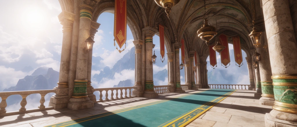 Grand fantasy palace balcony, vaulted ceiling, sandstone columns with gold and green bands, ornate brass hanging lamps, red and gold banners, long teal carpet with yellow borders, open arches overlooking misty blue mountains and clouds, bright glaring sun on left, long sharp shadows on stone floor, 3D render, high fantasy architecture, cinematic lighting, wide angle