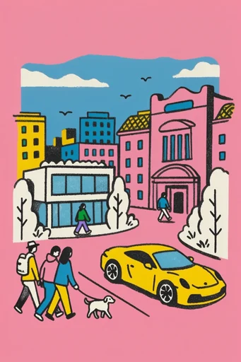 Whimsical Risograph Dreamscape style reference image — vibrant flat color illustration