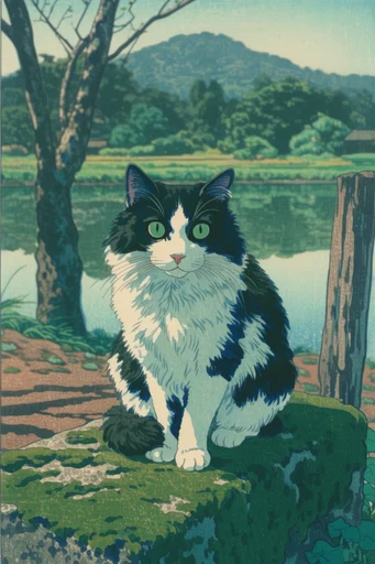 Ethereal Indigo Woodblock style reference image — serene landscape