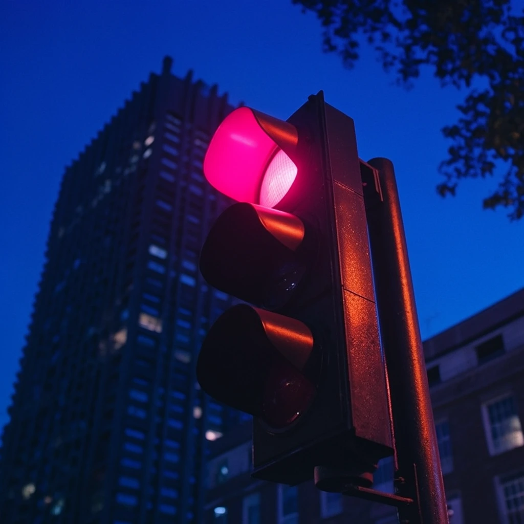 A glowing neon-magenta traffic signal dominates the foreground from a low-angle perspective against a deep cobalt twilight sky. The black metal housing features three circular hooded lenses, with only the top lens emitting a piercing pink-red light. This intense illumination casts warm orange reflections down the textured side of the signal box and its mounting pole. In the defocused background, a monolithic dark modernist skyscraper rises with sporadically lit windows, juxtaposed against a lower building on the right. Silhouetted tree branches frame the upper right corner. The cinematic composition relies on a high-contrast palette, pitting deep atmospheric blues against vibrant neon warm tones.