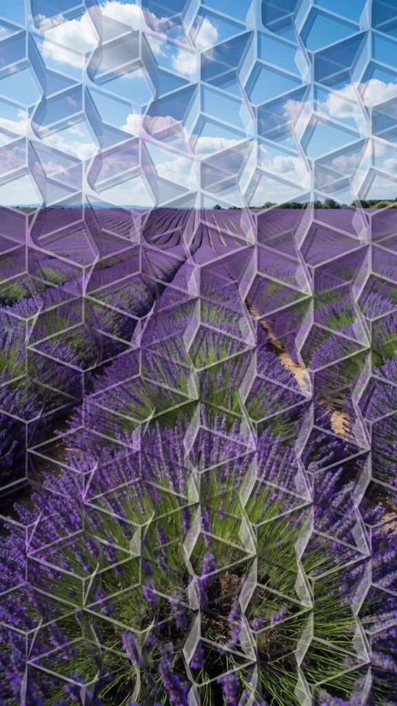 lavender field with symmetrical rows extending to the horizon under a sky of soft clouds, rendered through a complex isometric cube tiling overlay, fragmented and faceted composition, alternating between sharp focus and dreamlike blurs, geometric abstraction, rhythmic repeating rhomboid shapes forming a 3d hexagonal grid, vibrant purples and deep greens, high contrast lighting, avant-garde digital-surrealism, prismatic distortion, modern graphic design aesthetic.