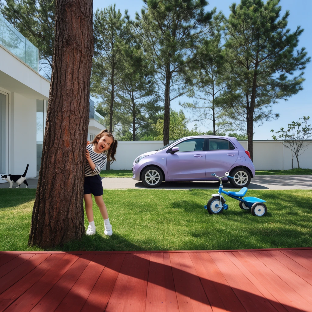 A young girl playfully peeks from behind a thick tree trunk in the left foreground of a sunlit yard. She wears a striped shirt, dark shorts, and white sneakers. A sleek, light purple compact car sits parked on a driveway beside a lush green lawn where a small blue tricycle rests. A black and white cat wanders near a modern white building to the left. The immediate foreground features a reddish-brown wooden deck cast in sharp diagonal shadows from the bright midday sun. Tall pine trees and a white perimeter wall stand against a clear blue sky in this crisp, vibrant lifestyle photograph.