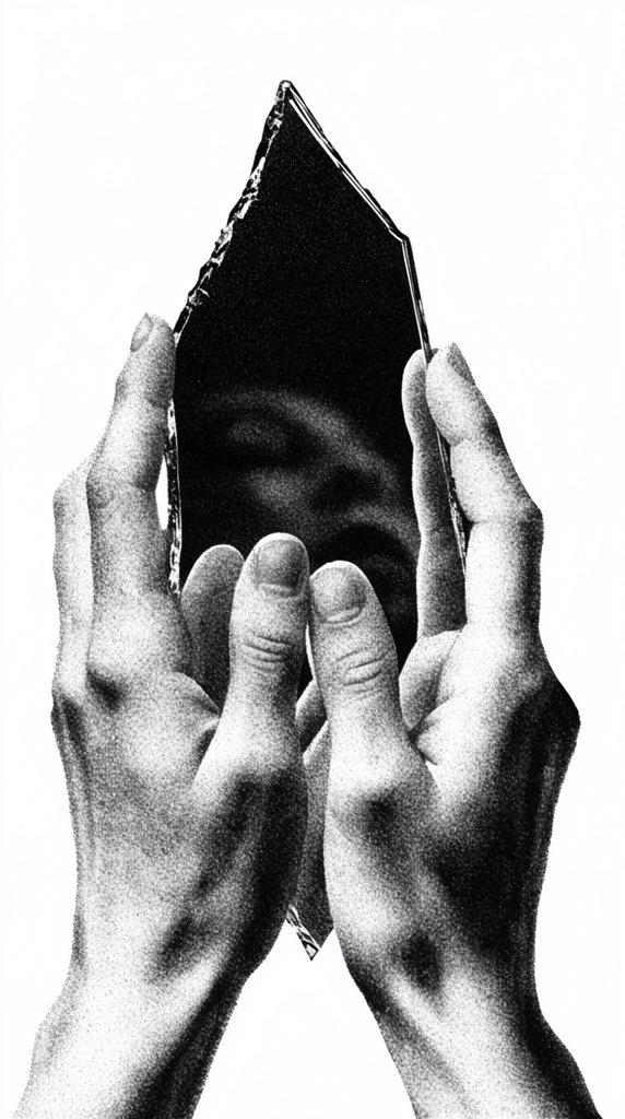 monochrome stippled illustration, two hands gripping a jagged dark mirror shard with a shadowy reflection, coarse halftone grain texture, high-contrast photocopy aesthetic, pure white background