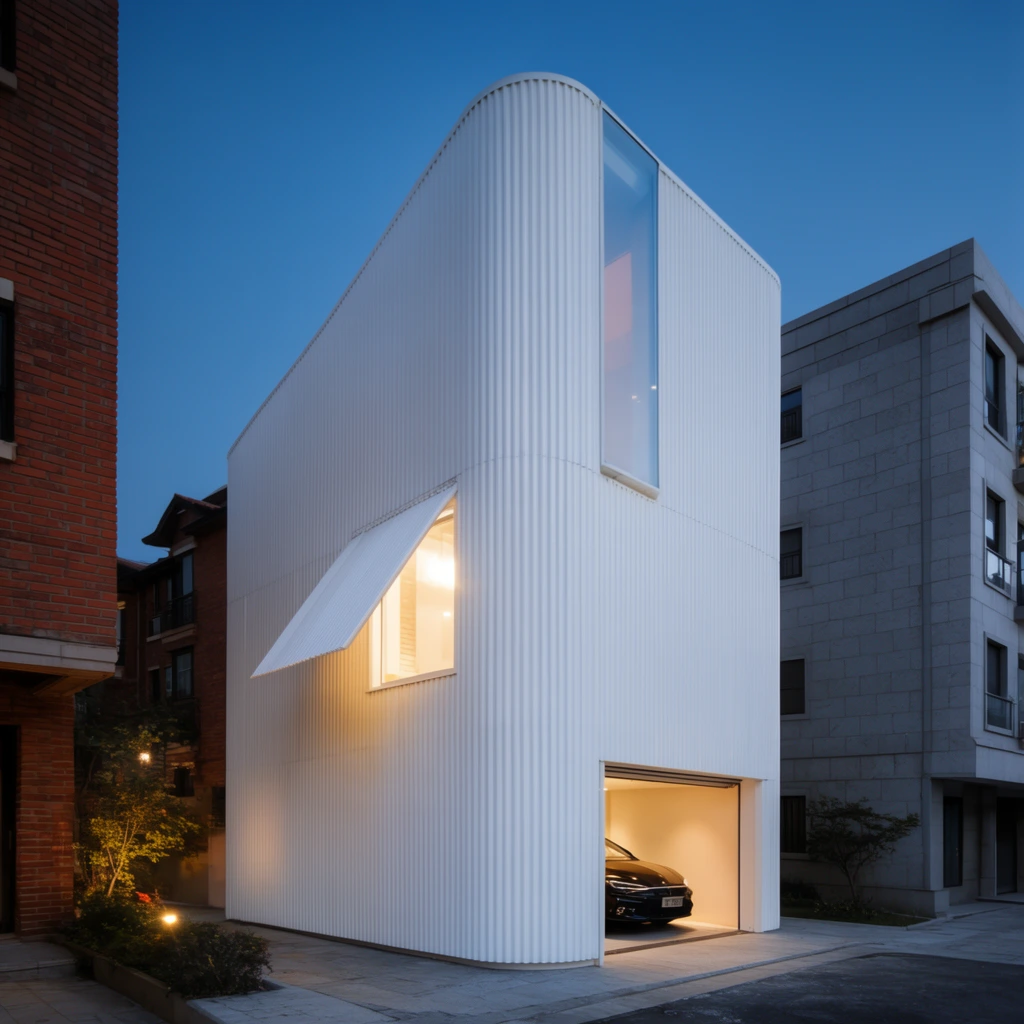 A modern, asymmetrical building clad in bright white corrugated metal stands on a paved street corner at twilight. The sleek structure features curved edges, a tall vertical glass pane on the upper facade, and a glowing warm-lit square window sheltered by an upturned flap of the metal siding. An open ground-level garage reveals a dark car bathed in interior lighting. The pristine architecture contrasts sharply with an adjacent traditional red brick building on the left and a flat, gray stone-paneled apartment block on the right. Architectural photography captures the deep blue dusk sky and glowing golden artificial lights against cool ambient evening tones.
