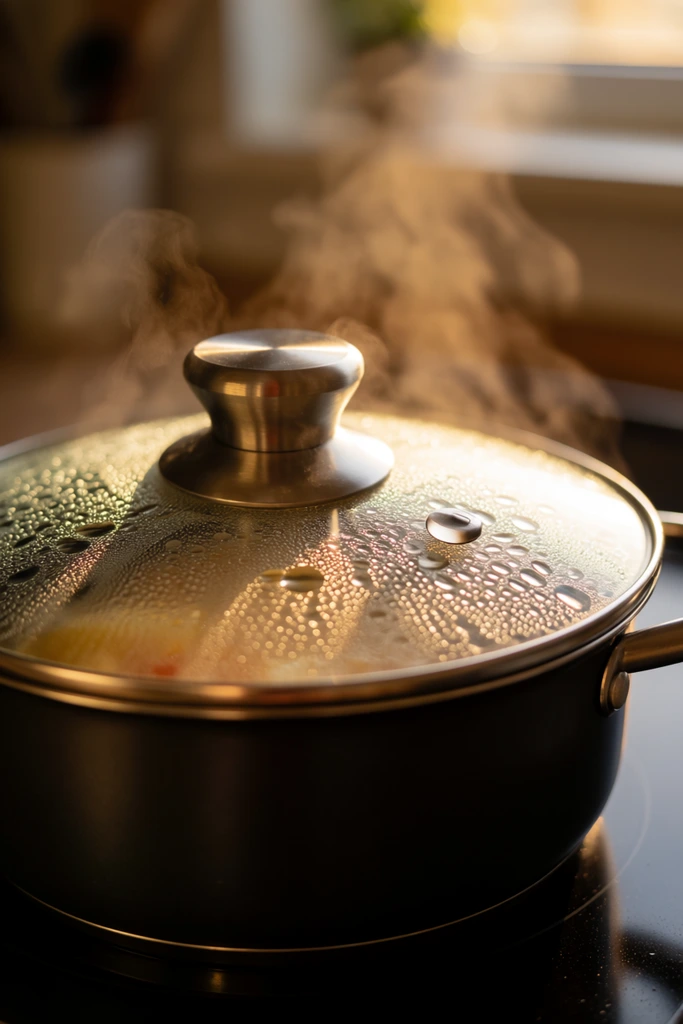 A close-up of a cooking pot on a dark reflective stovetop. Its glass lid is heavily beaded with condensation and illuminated by warm golden light. Wisps of steam escape around the central silver handle, set against a softly blurred background with a shallow depth of field.