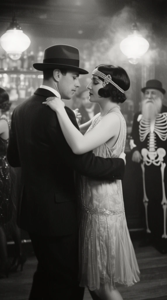 black and white film still, couple dancing intimately in a smoky speakeasy, man in dark suit and fedora, woman in light flapper dress and beaded headband, bystander with long white beard in skeleton jacket, soft focus, dim lighting, glowing bar lamps