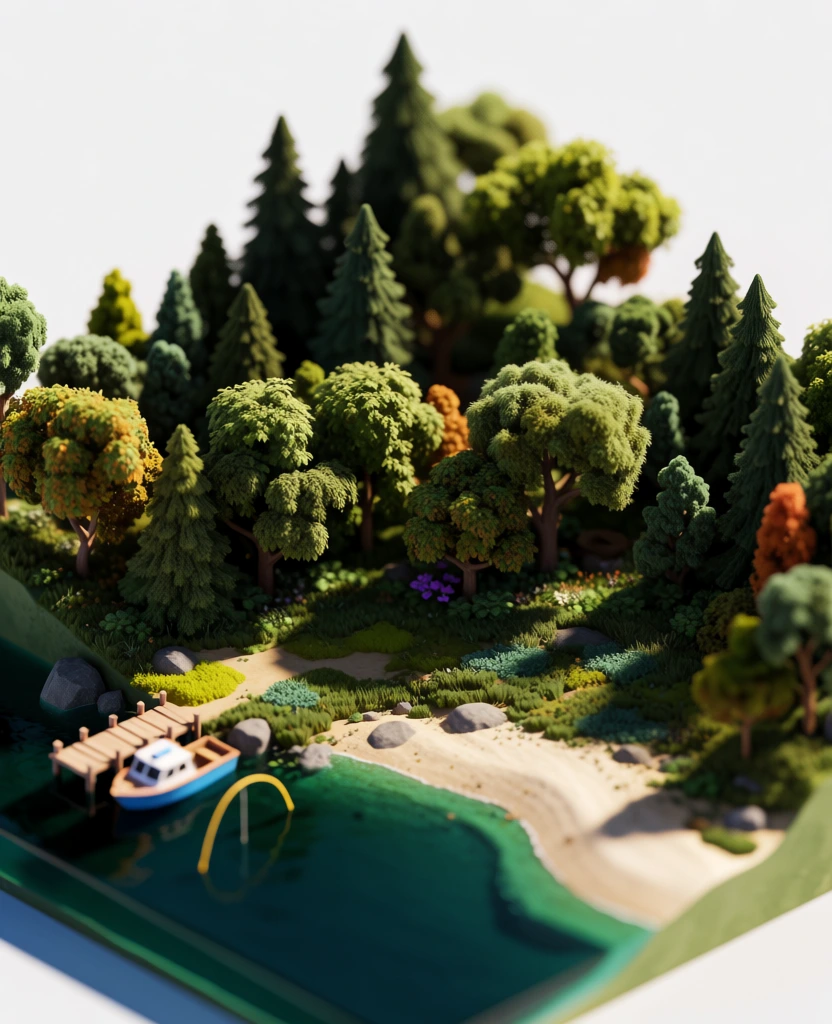 A miniature 3D diorama showcases a dense forest on a small plot of land bordering dark teal water, isolated against a plain white background. The central feature is a cluster of varied miniature trees, including tall, conical evergreens in shades of deep green and a single yellowish-green tree, all growing from a textured bed of green moss and grass. Tiny purple flowers and small shrubs are scattered across the terrain, which transitions into a narrow sandy beach on the right side. On the lower left, a rectangular section of calm, reflective water holds a weathered wooden pier extending from the grassy bank. A small, light blue and white boat floats next to the pier, while a thin yellow arched structure sits in the water nearby. The entire scene is captured from a high-angle, three-quarter perspective with a shallow depth of field, causing the foreground and background elements to blur. Bright, directional light from the upper left creates high-contrast highlights on the foliage and casts long, soft shadows across the island and onto the white surface below. The rendering technique emphasizes tactile textures, giving the scene the appearance of a physical model or a tilt-shift photograph of a tiny landscape.