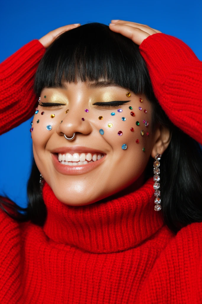 joyful young woman smiling broadly with closed eyes, thick bright red ribbed knit turtleneck sweater, hands resting on her head, face adorned with scattered multi-colored rhinestones, black hair with straight bangs, gold eyeshadow, black winged eyeliner, silver septum ring, dangling crystal earrings, solid vibrant blue background, striking complementary red and blue color palette, crisp studio lighting highlighting sweater textures and glowing skin, vibrant fashion editorial portrait