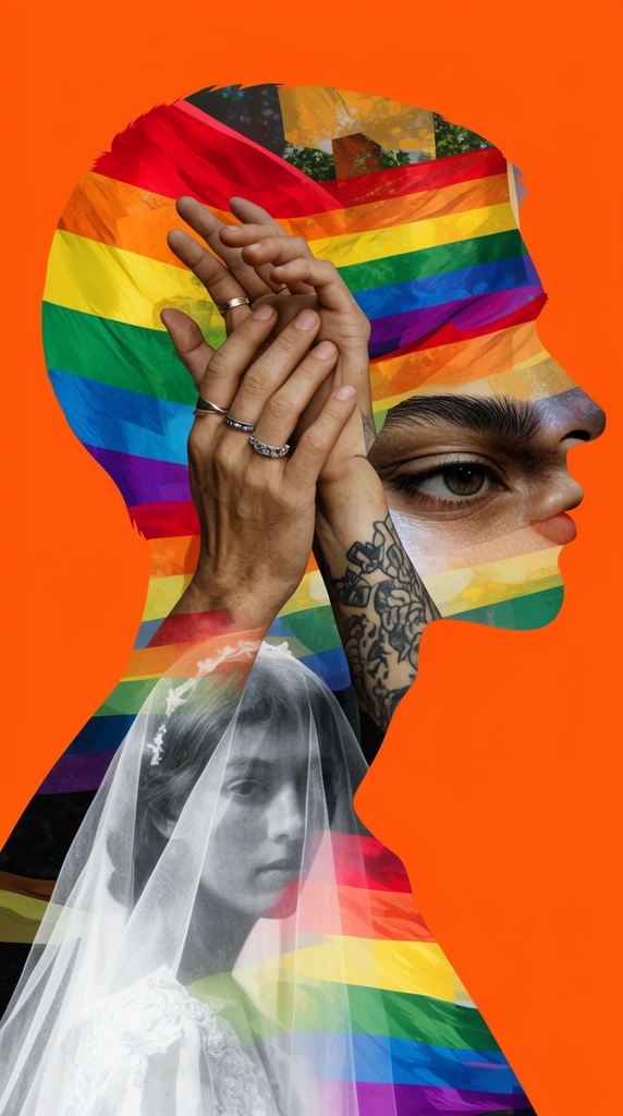 digital collage silhouette of a human profile, solid vivid orange background, silhouette filled with overlapping photographic fragments, rainbow flag patterns, intertwined hands with rings, tattooed arm, close-up of an eye, faded portrait of a person in a white veil, surreal photomontage, mixed media, blending vibrant colors with black and white photography, double exposure effect