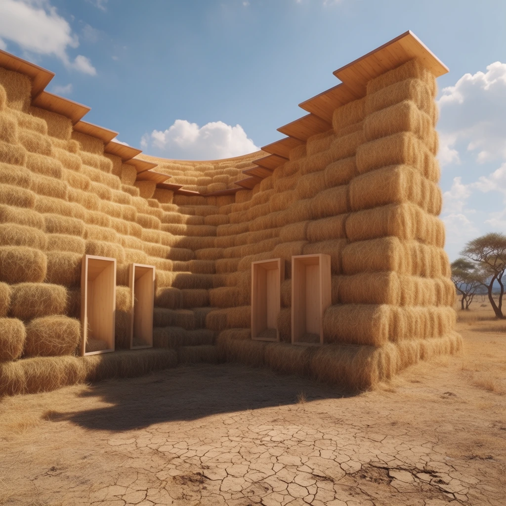 massive undulating wall of stacked golden hay bales, curving stepped architecture in a dry cracked savanna, recessed rectangular niches framed in pale wood on lower tiers, flat wooden panels capping the stepped roofline, deep angled shadow cast on parched earth, sparse distant trees, bright blue sky with white clouds, warm harsh sunlight, hyper-realistic surreal landscape rendering