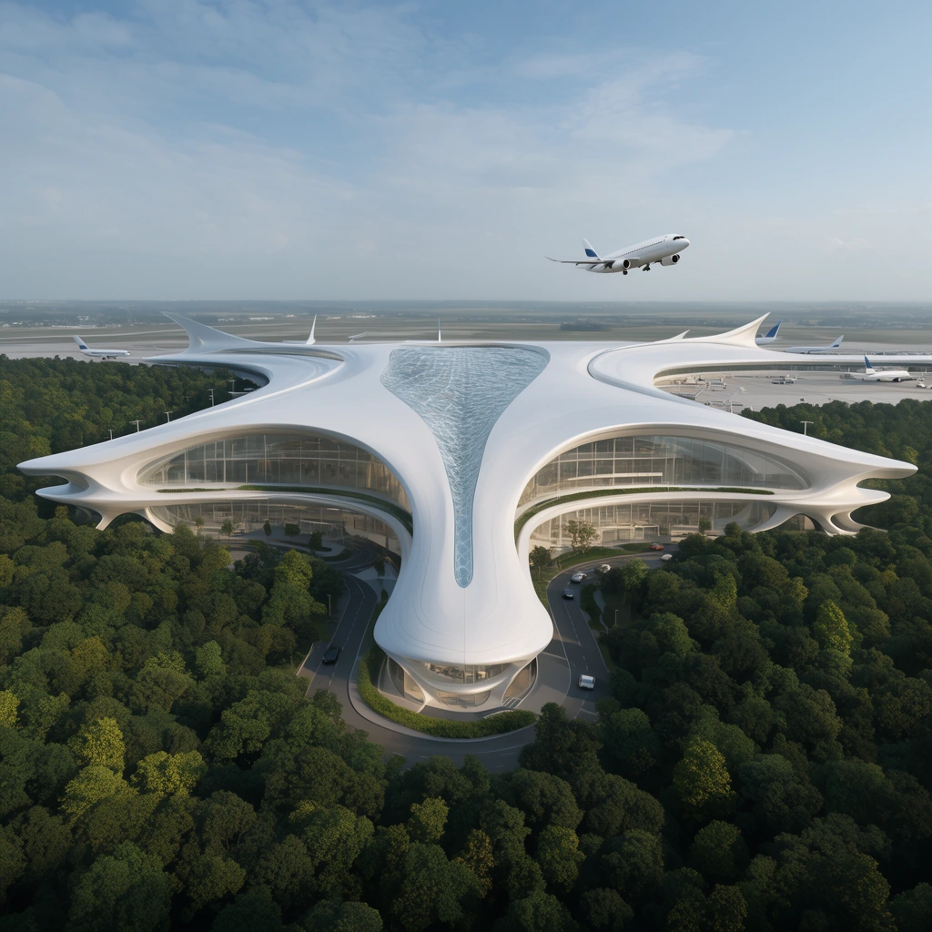 futuristic biomorphic airport terminal from an aerial perspective, sweeping white organic roof with a central textured glass spine, expansive glass facade, nestled in a dense lush green forest, white commercial airplane taking off in the background, bright daylight, photorealistic architectural rendering, wide panoramic framing
