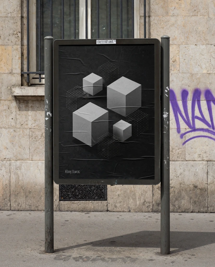 A weathered grey street advertising display holds a... | Krea