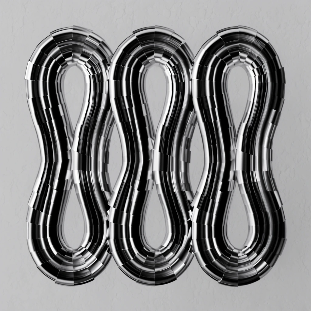 segmented metallic ribbon in undulating vertical loops, polished chrome, ribbed texture, deep shadows, sharp highlights, textured light grey background, abstract 3D render