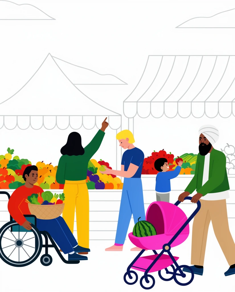 Flat vector illustration of diverse shoppers at a farmer's market, featuring bold, unshaded colors and simplified shapes against a minimalist grey line-art background of tents and awnings. An individual in a wheelchair holds a vegetable basket next to a figure in yellow pants pointing upward. A blonde person examines produce in the center. To the right, a bearded figure in a white turban pushes a bright pink stroller carrying a watermelon, while a young child reaches for an apple near colorful fruit stands.