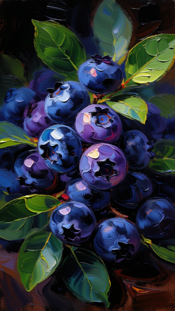 oil painting of a dense cluster of ripe blueberries and lush green leaves, thick impasto brushstrokes, expressive texture, rich indigo and deep violet hues, dramatic chiaroscuro lighting, glowing from within, moody shadows, cinematic macro composition, painterly aesthetic, heavy palette knife marks, fine art quality, ethereal atmosphere, saturated colors, tactile surface, visible canvas texture, impressionistic details.