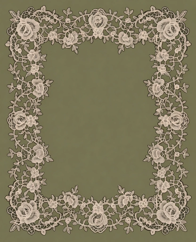 ornate floral lace border frame, vintage textile illustration, delicate elegant antique vibe