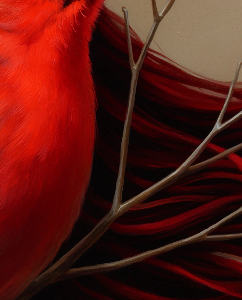 A tight close-up of a vivid scarlet bird beside thin, bare brown twigs. The left frame is dominated by bright red, softly textured plumage rendered with fine brushstrokes. Behind the pale angular twigs, the scene features deeply saturated dark crimson and black organic forms resembling thick, sweeping strands of flowing hair. The top right corner reveals a flat, muted beige space. This atmospheric painting uses dramatic lighting to emphasize the rich tactile contrast between the soft bright feathers, the brittle twigs, and the undulating dark waves.