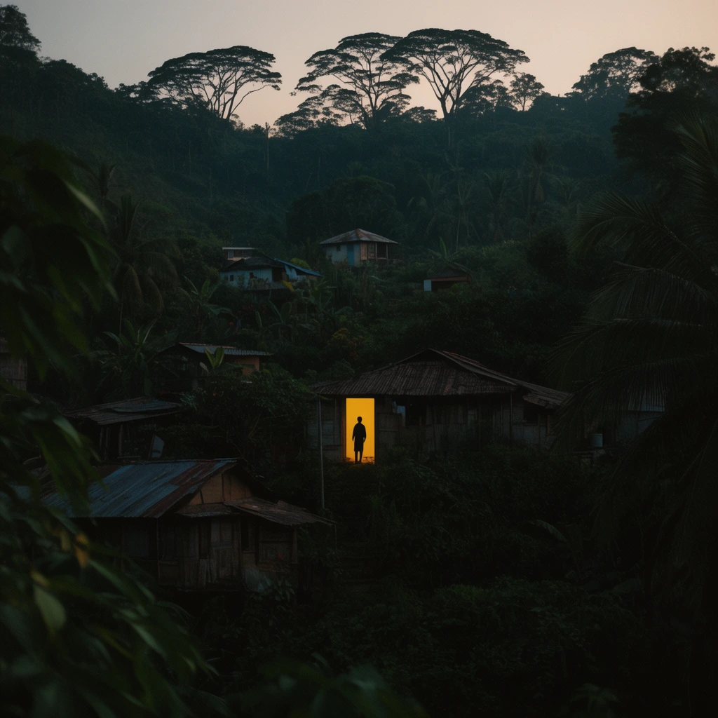A deep green tropical hillside at twilight engulfing scattered rustic houses. In the center, a bright warm yellow doorway sharply silhouettes a standing figure. Tall canopy trees crest the distant ridge against a pale sky. Cinematic low-key photography with deep shadows and natural foreground framing.