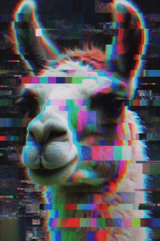 A close-up of a llama face obscured by aggressive digital glitch art and databending distortions. The llama's snout, eyes, and furry contours are fractured into jagged, horizontally displaced rectangular blocks of varying widths. Extreme chromatic aberration splits the visual data into stark, glowing channels of neon cyan, magenta, vivid green, and crimson red. A dense grid of sharp vertical and horizontal CRT scanlines overlays the entire composition, creating deep, textured digital noise. Slices of the llama's face are interrupted by bands of harsh pixelation and synthetic color bars that shift the anatomy out of alignment. The dark background merges seamlessly into the corrupted subject, filled with tracking errors, erratic digital static, and luminous, fragmented geometric interference.