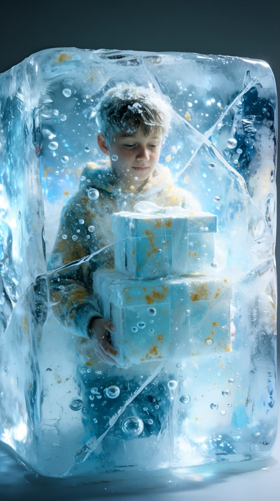 A boy holding two stacked gift boxes entirely frozen inside a massive, translucent block of clear ice. The enclosed boy and boxes are visible through the thick crystalline structure, optically warped by the refractive distortion of sharp internal fracture planes and clustered, perfectly spherical trapped air bubbles. Flecks of golden-ochre frost are suspended within the deep icy layers around the figure, contrasting with the dominant cool color palette of vibrant cyans, stark whites, and icy blues. Intense, directional studio lighting illuminates the block from behind and the sides, generating bright specular highlights on the glossy, slightly melting outer surfaces of the ice cube while scattering luminous volumetric rays through the dense, frosted interior. The hyper-detailed macro photography composition tightly frames the geometric ice block against a smooth, dark slate-grey gradient background, emphasizing the intricate micro-textures of the crystalline cracks and the glossy, wet surface tension of the frozen enclosure.