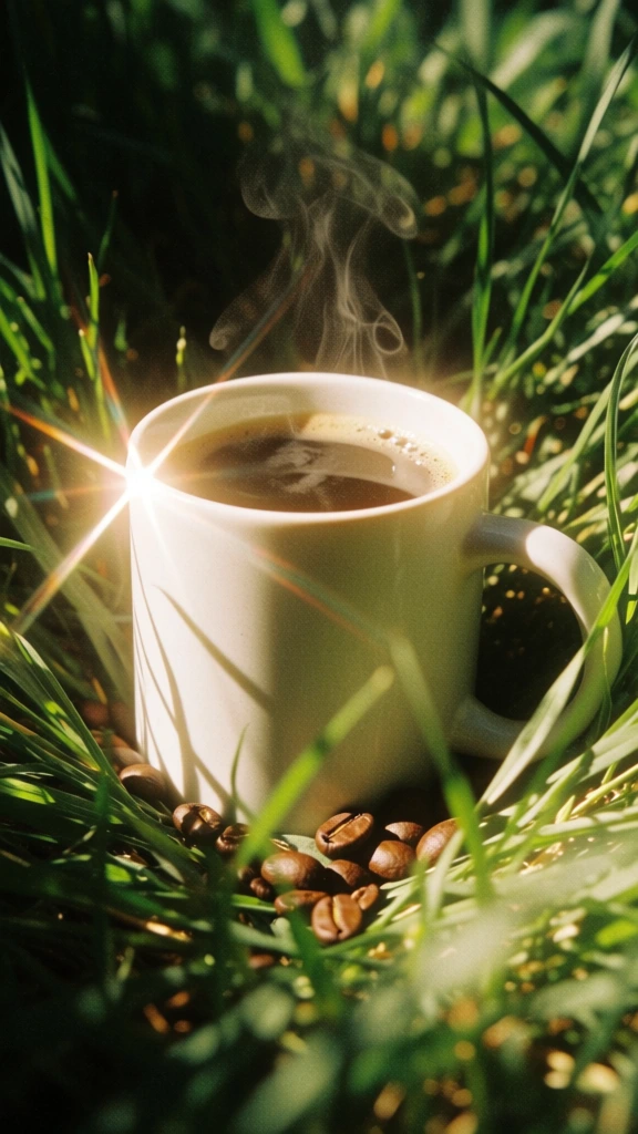 high-contrast editorial photography, minimalist ceramic mug filled with dark coffee nestled in tall lush meadow grass, delicate wisps of rising steam, scattered roasted coffee beans at the base, harsh direct sunlight creating a brilliant four-point lens flare starburst, deep organic shadows, rich emerald and earthy color palette, 35mm film grain, ethereal surrealist aesthetic, sharp focus on ceramic glaze and steam textures, nostalgic dreamcore atmosphere, low-angle perspective.