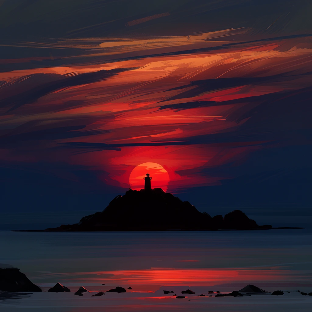 A dramatic sunset over a calm ocean features the stark dark silhouette of a rocky island crowned by a lighthouse. A brilliant red-orange sun rests directly behind the landmass, radiating intense light into a sky transitioning from deep twilight blue to fiery crimsons. Broad, expressive horizontal brushstrokes define sweeping cloud formations and glowing water reflections. Small jagged rocks break the smooth surface in the immediate foreground. This high-contrast digital painting utilizes thick, energetic strokes to build a deeply atmospheric and moody seascape.