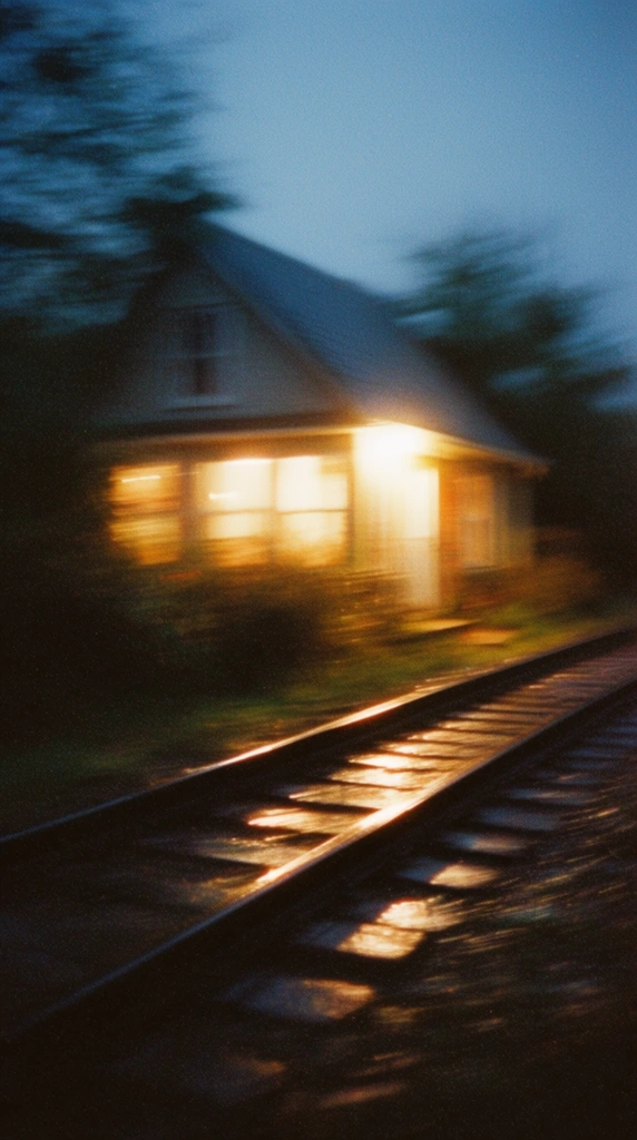 A house situated beside parallel steel railroad tracks, captured with intense, sweeping horizontal motion blur characteristic of a high-speed panning shot. Radiant, warm amber light spills from the windows of the structure, creating a stark, high-contrast focal point against the deep, cool blue ambient light of the twilight sky. Shadowy, heavily blurred silhouettes of surrounding trees frame the building. In the foreground, the wet metal rails and wooden ties of the track reflect the glowing incandescent light as elongated, luminous streaks dragged across the lower frame. The scene is rendered with the distinct visual texture of high-ISO analog film, featuring heavy, gritty film grain, soft atmospheric focus, and dynamic light smears that convey rapid, fleeting movement through a low-light, dusky environment.