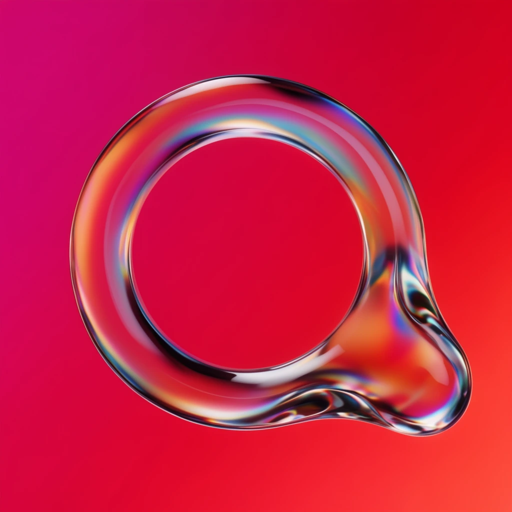 glossy translucent circular ring with fluid droplet extension on lower right, refractive 3D glass, iridescent chromatic dispersion, liquid metallic reflections, vibrant magenta to red gradient background, minimalist 3D render