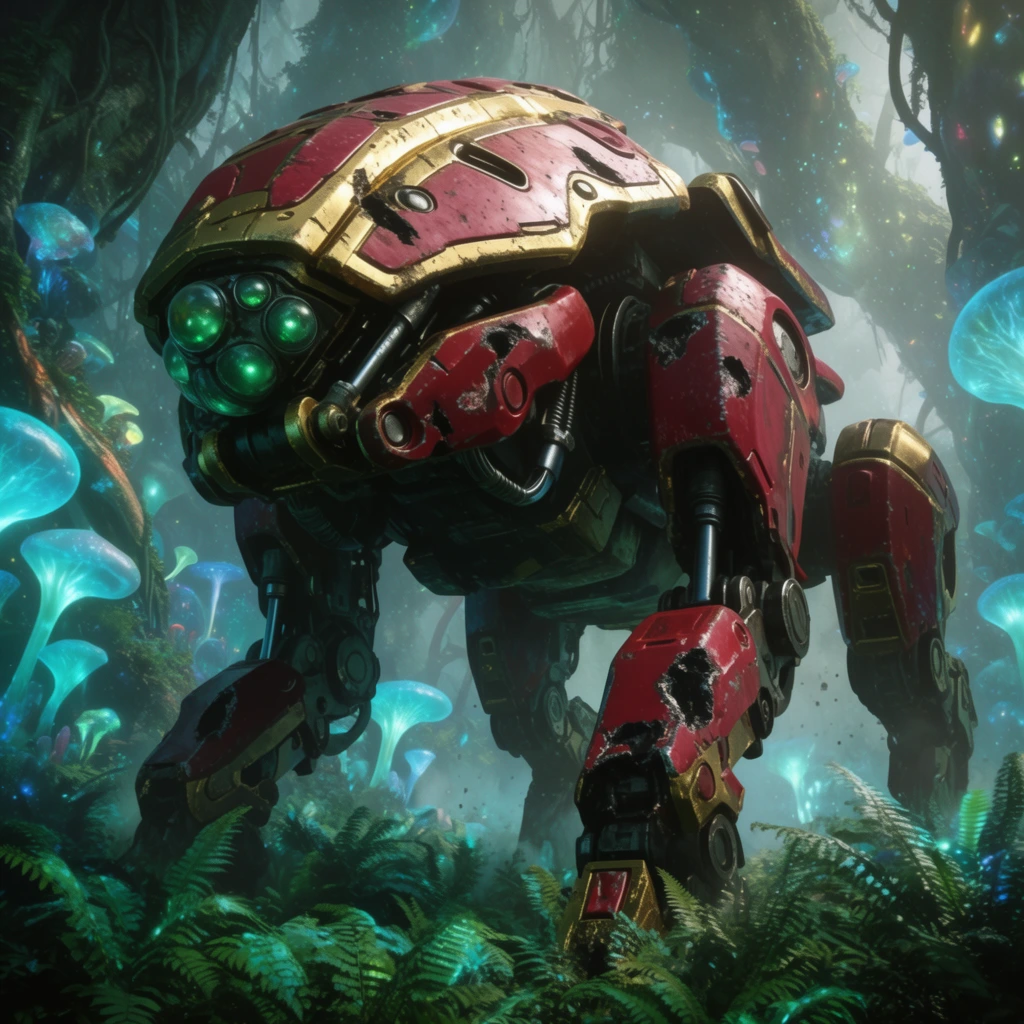 A massive quadrupedal mechanical walker with a crimson and gold carapace navigates through a dense bioluminescent alien jungle. The colossal machine features thick weathered armor plating with deep gouges exposing dark silver hydraulic pistons. Its bulky front chassis boasts a cluster of spherical glowing emerald-green optics. Heavily articulated mechanical legs crush massive glowing ferns beneath them. The surrounding extraterrestrial forest is filled with towering translucent cyan fungi and giant vines wrapping around ancient tree trunks. Thick mist hangs in the air, illuminated by drifting spores. Captured in a cinematic low-angle shot to emphasize staggering scale, volumetric lighting from the alien flora casts dramatic cyan highlights across the battered crimson metal. The composition features a gritty photorealistic sci-fi aesthetic with a shallow depth of field focusing on the textured mechanical details.