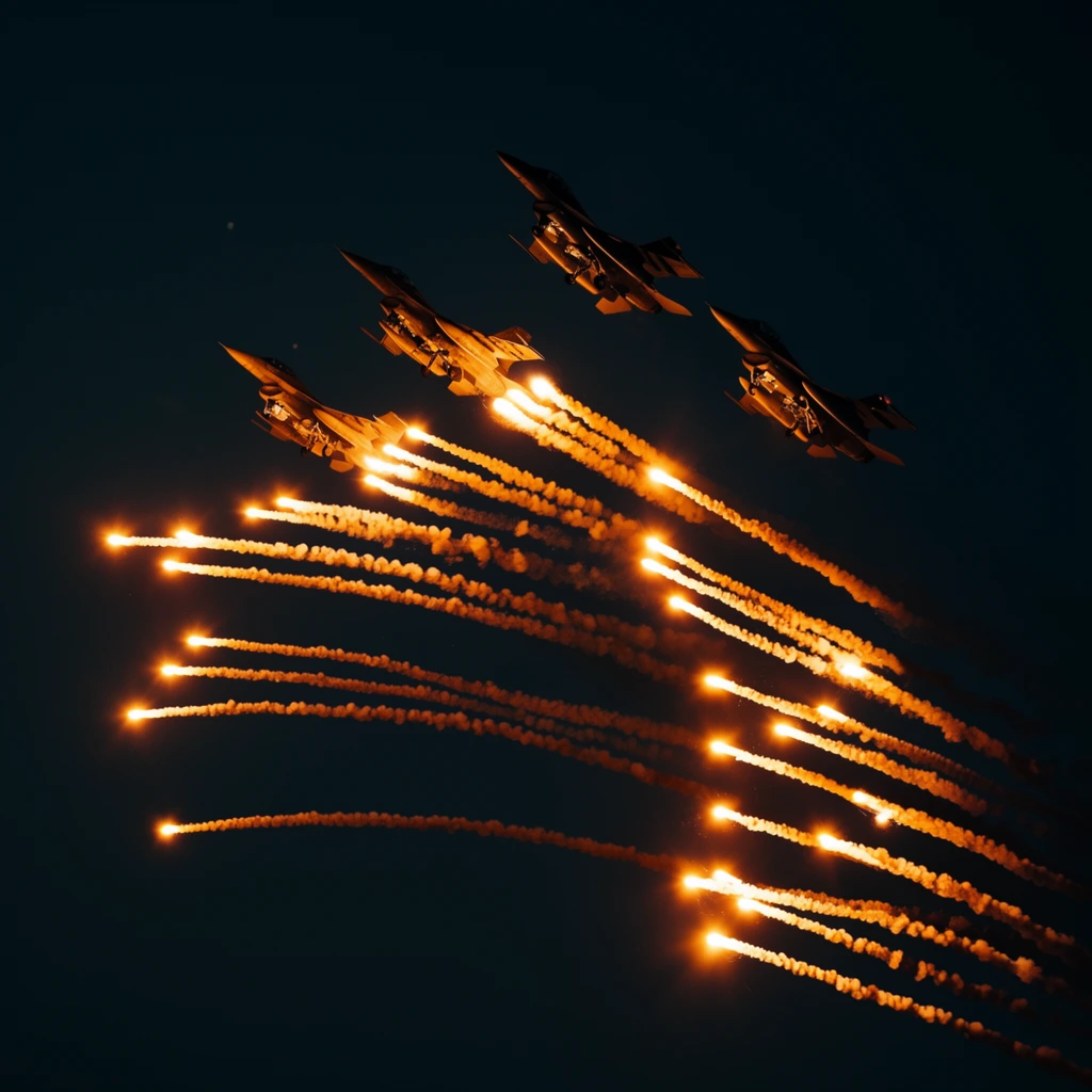 silhouetted fighter jets in a dark night sky, deploying cascading bright orange flares, curving fiery smoke trails, cinematic high contrast night photography
